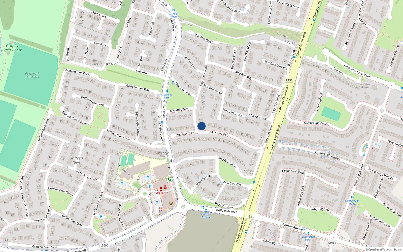 Overhead map showing the location of 47 Moy Glas Avenue, Lucan