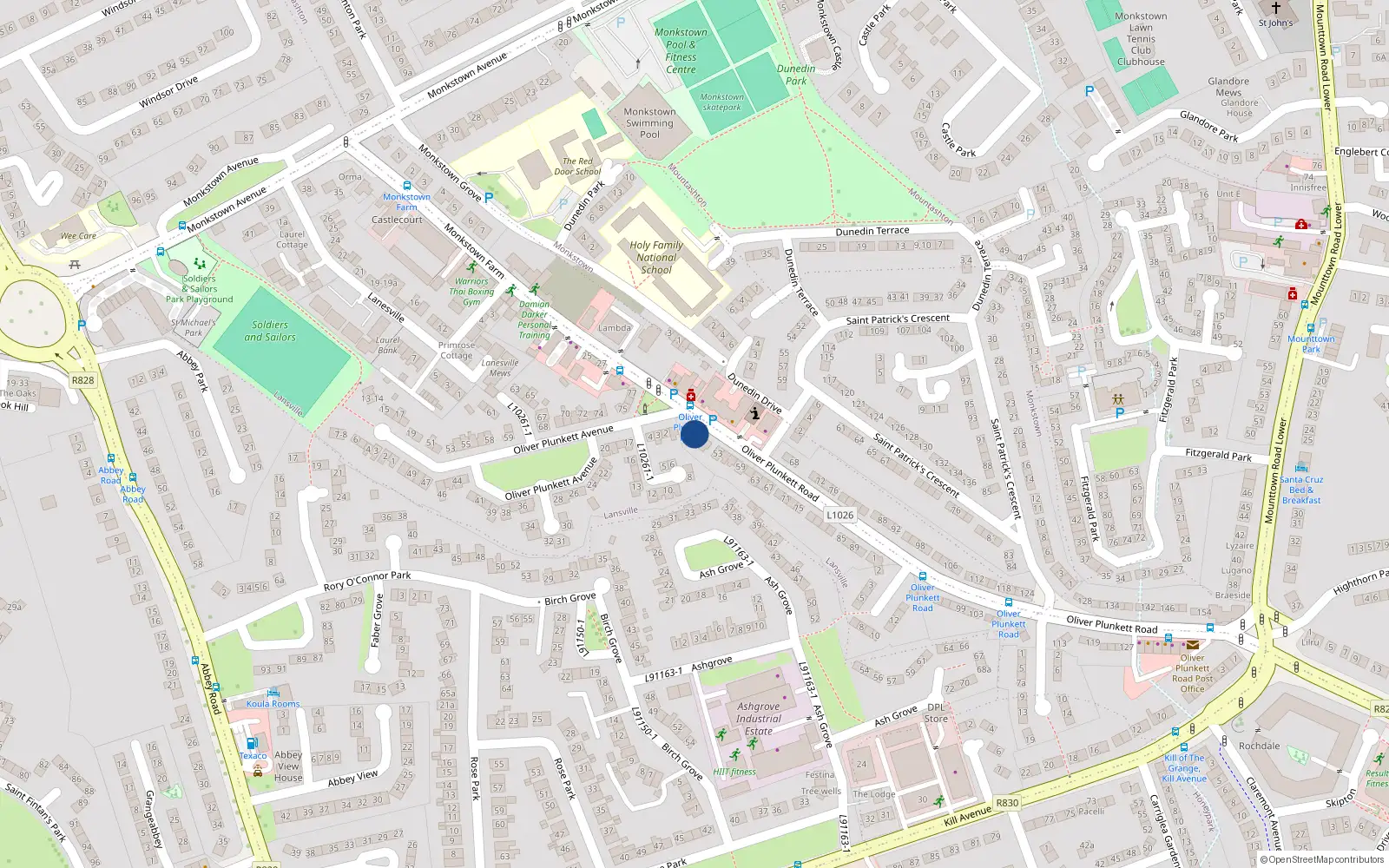 Overhead map showing the location of 47 Oliver Plunkett Road, Dun Laoghaire