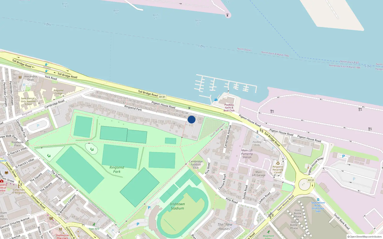 Overhead map showing the location of 47 Pigeon House Road, Dublin 4