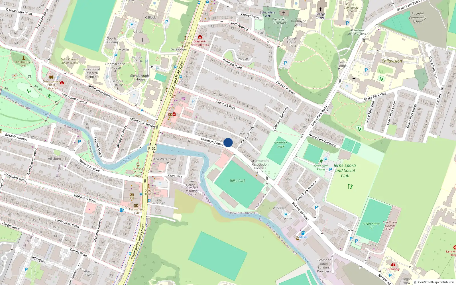 Overhead map showing the location of 47 Richmond Road, Drumcondra, Dublin 9