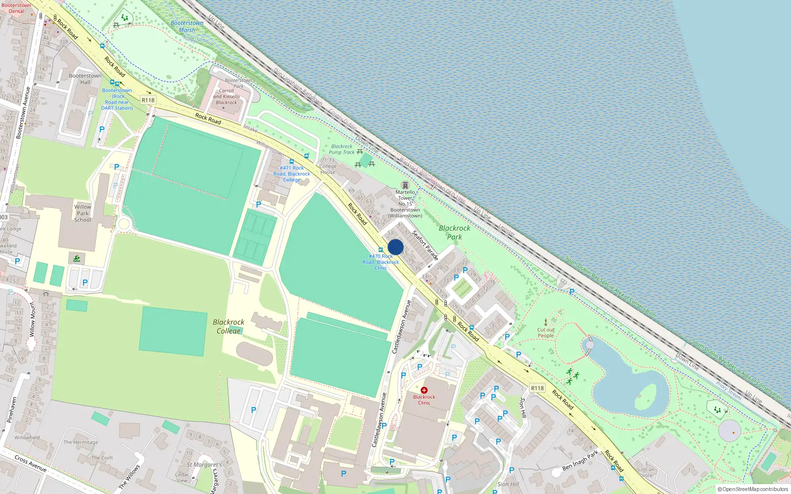 Overhead map showing the location of 47 Rock Road, Blackrock, Dublin