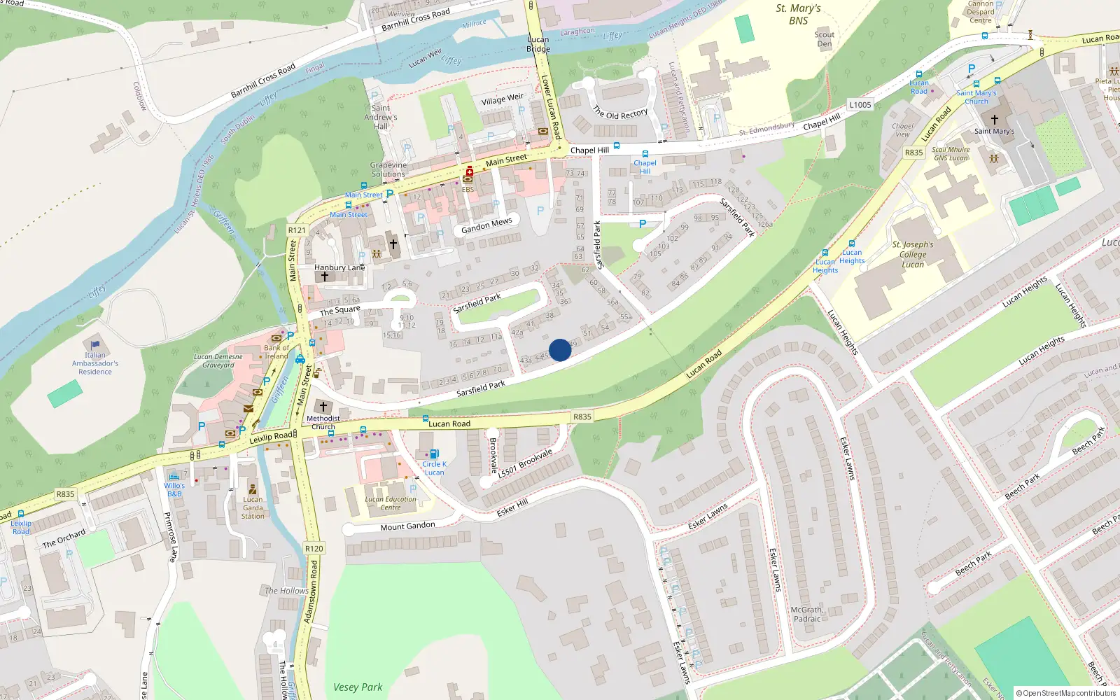 Overhead map showing the location of 47 Sarsfield Park, Lucan, Dublin