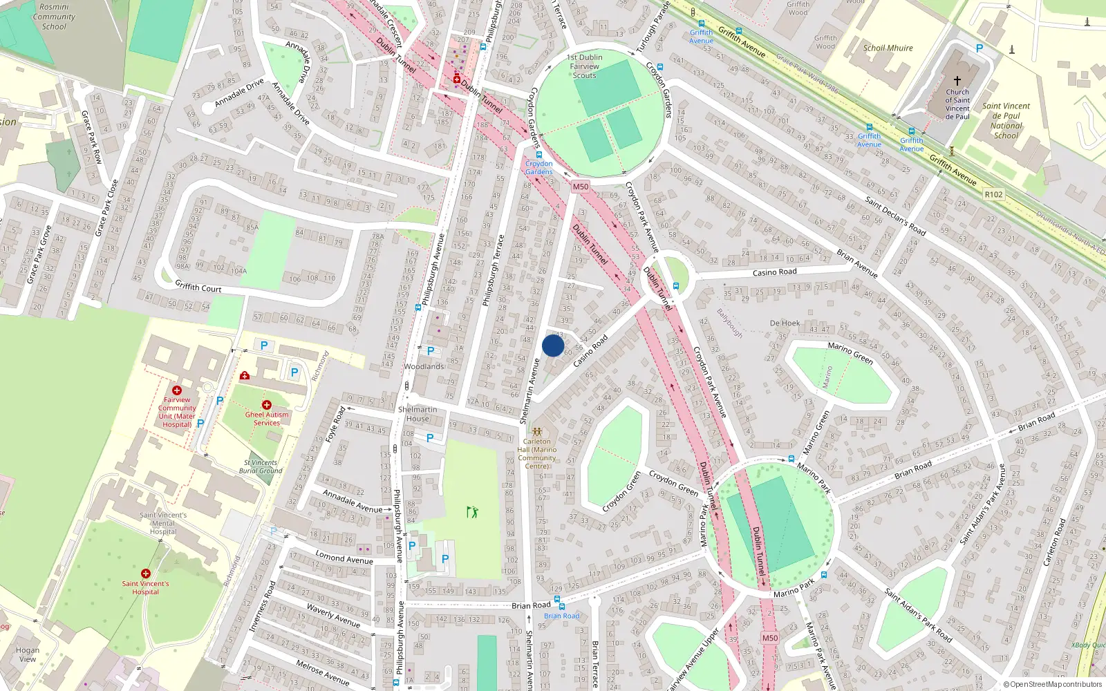 Overhead map showing the location of 47 Shelmartin Avenue, Dublin 3