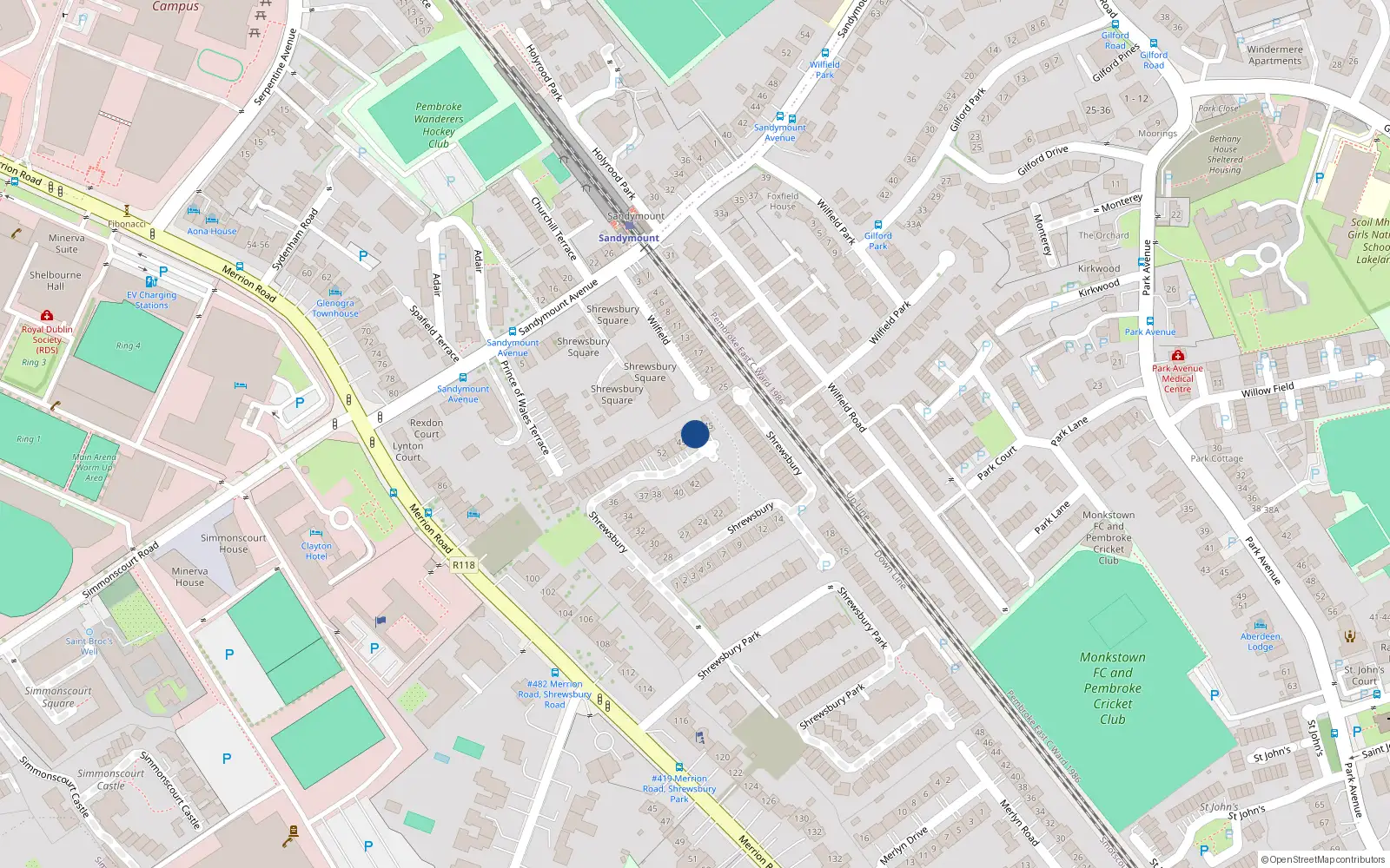 Overhead map showing the location of 47 Shrewsbury, Ballsbridge