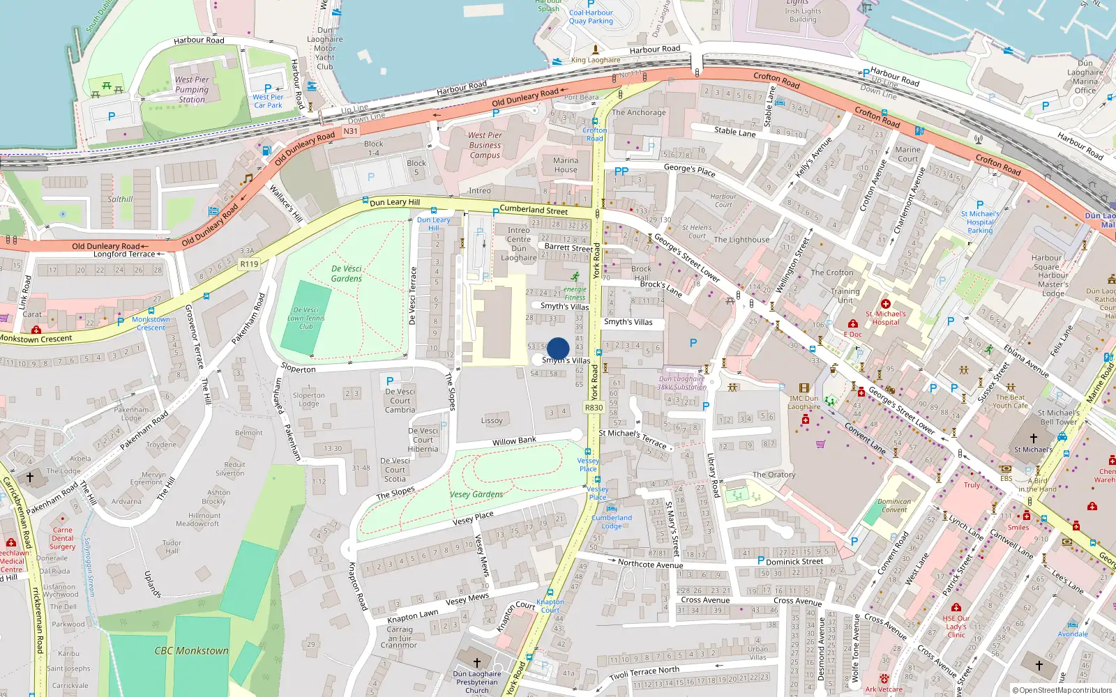Overhead map showing the location of 47 Smyth's Villas, Dun Laoghaire