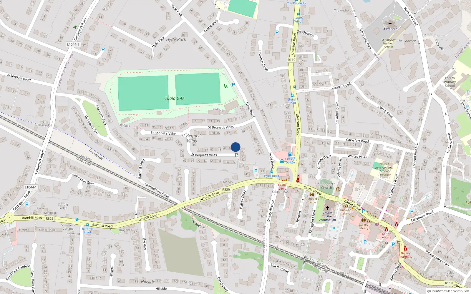Overhead map showing the location of 47 St Begnets Villas, Dalkey, Dublin