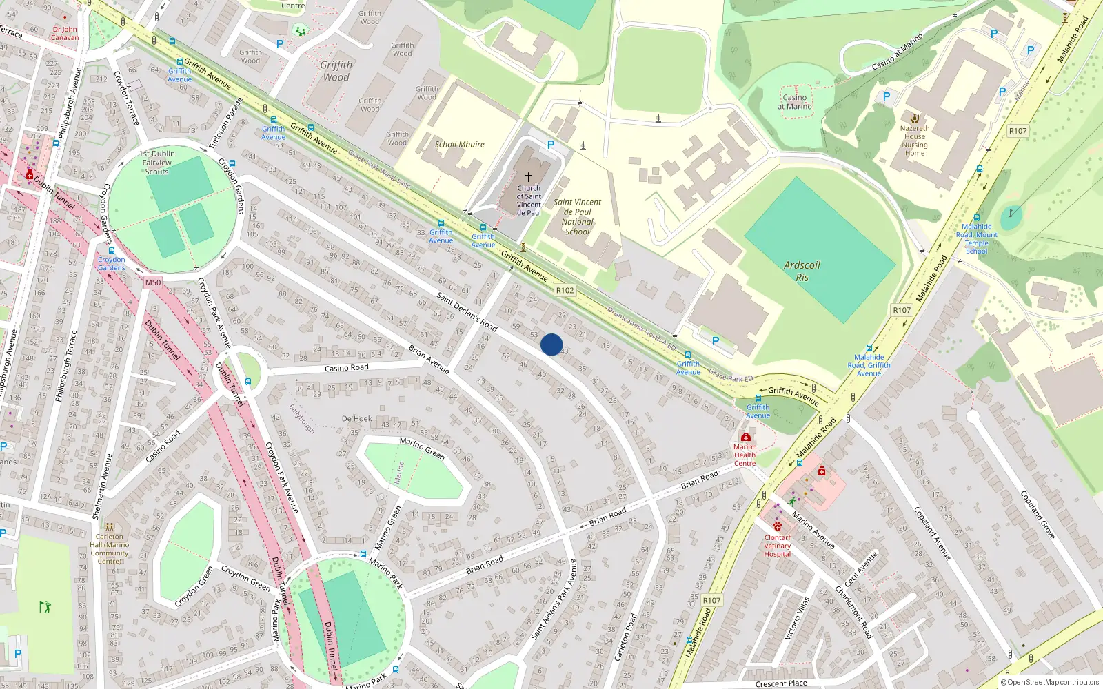 Overhead map showing the location of 47 St Declans Road, Marino, Dublin 3