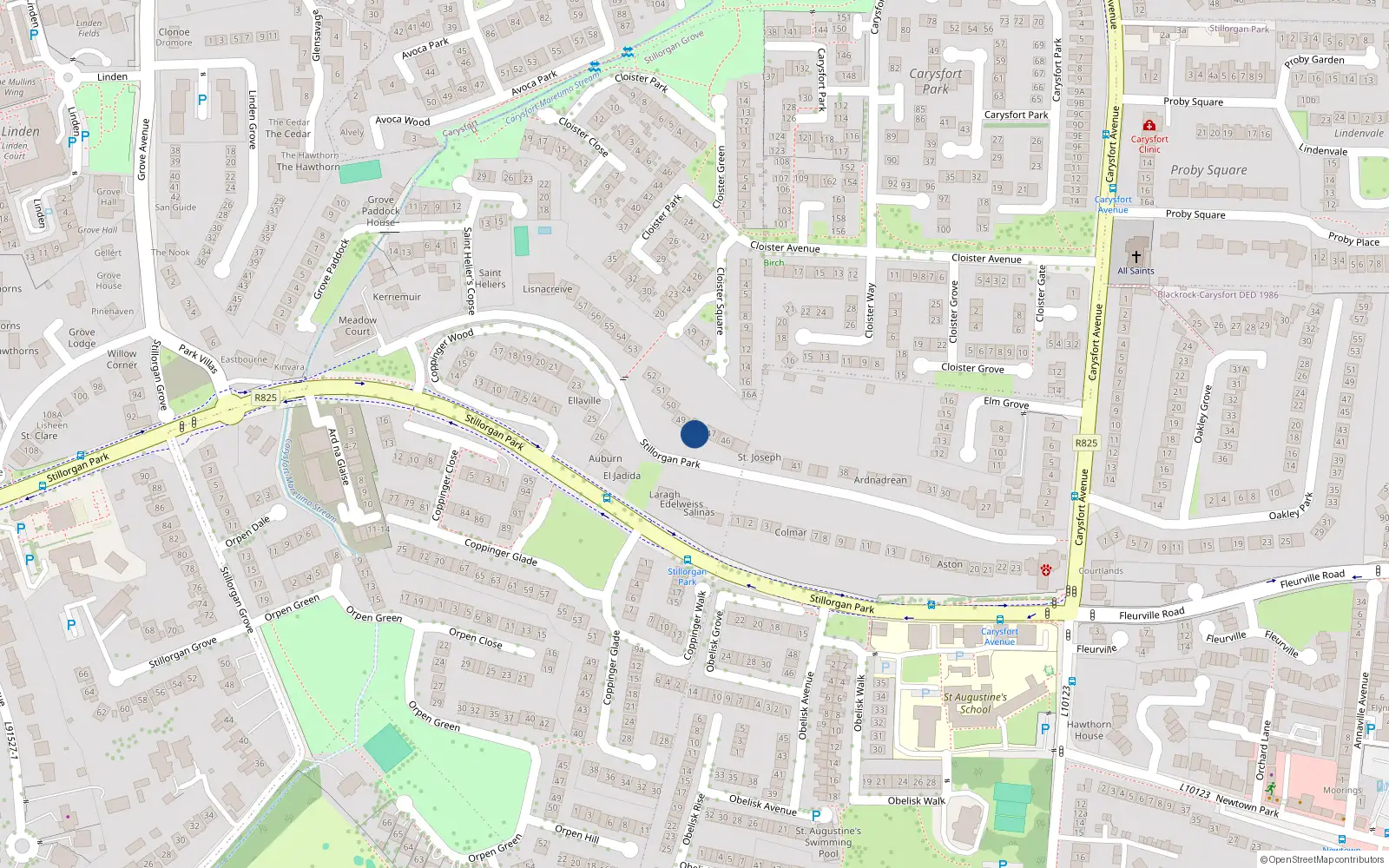 Overhead map showing the location of 47 Stillorgan Park, Dublin