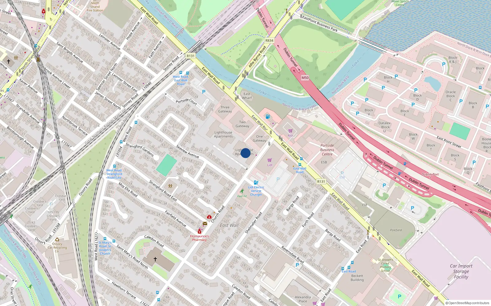 Overhead map showing the location of 47 the Lighthouse Apts, Church Road, East Wall Dublin 3