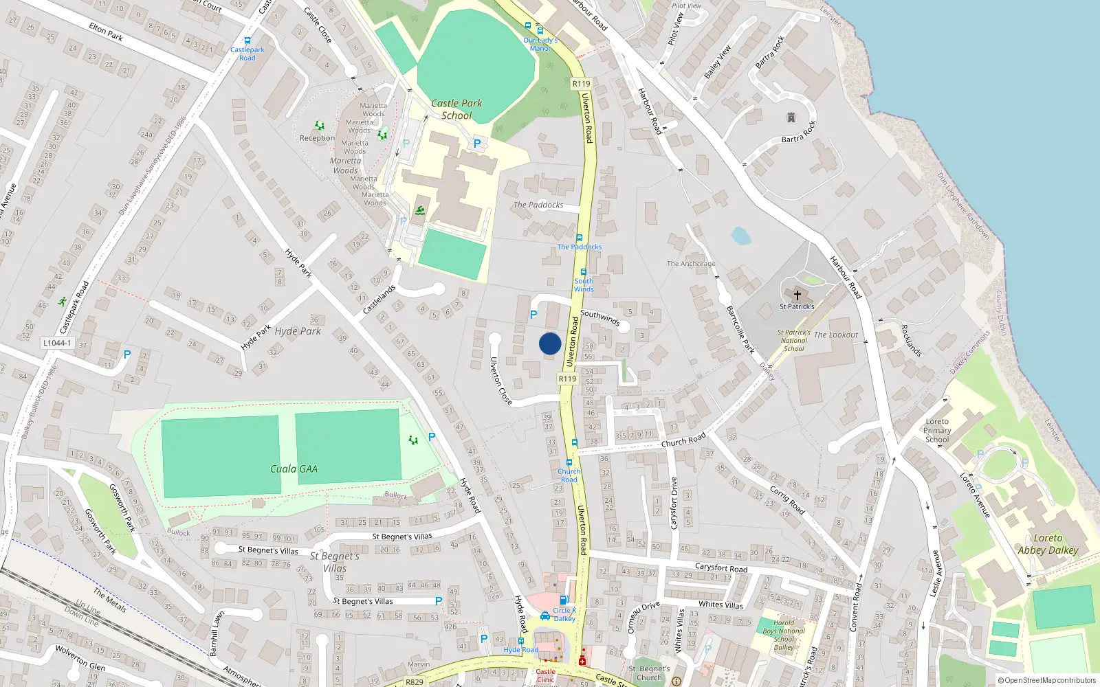 Overhead map showing the location of 47 Ulverton Road, Dalkey, Dublin