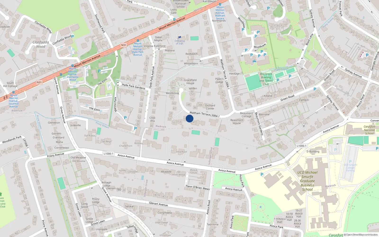 Overhead map showing the location of 47 Waltham Terrace, Blackrock, Dublin