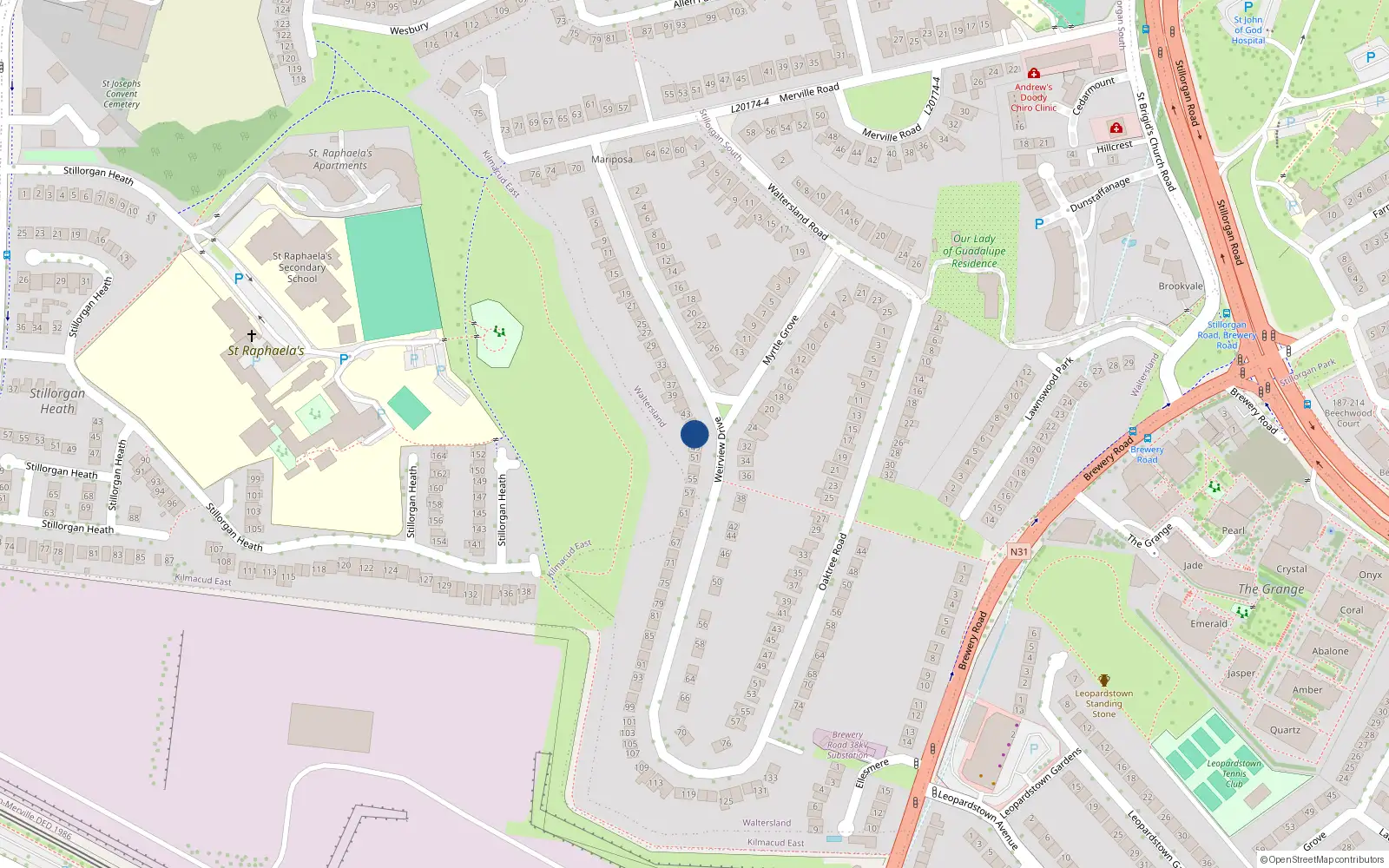 Overhead map showing the location of 47 Weirview Drive, Stillorgan, Dublin
