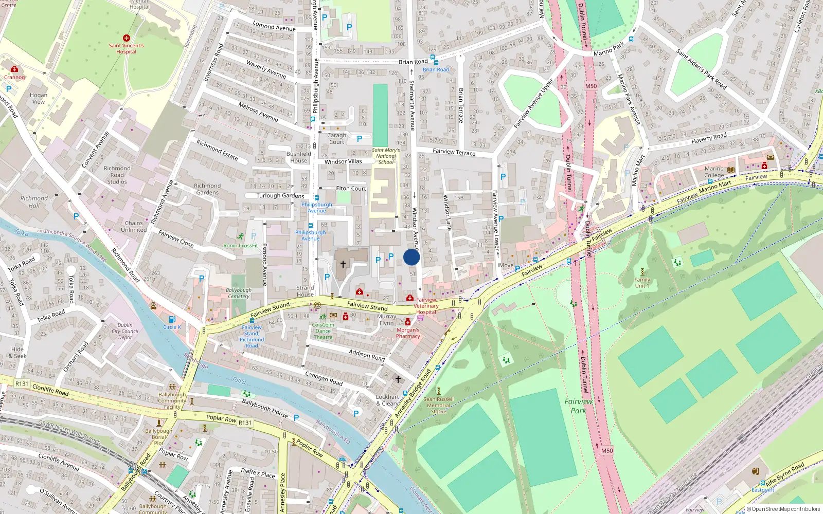 Overhead map showing the location of 47 Windsor Avenue, Fairview, Dublin 3