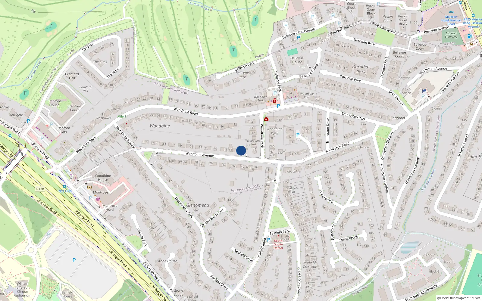 Overhead map showing the location of 47 Woodbine Avenue, Blackrock