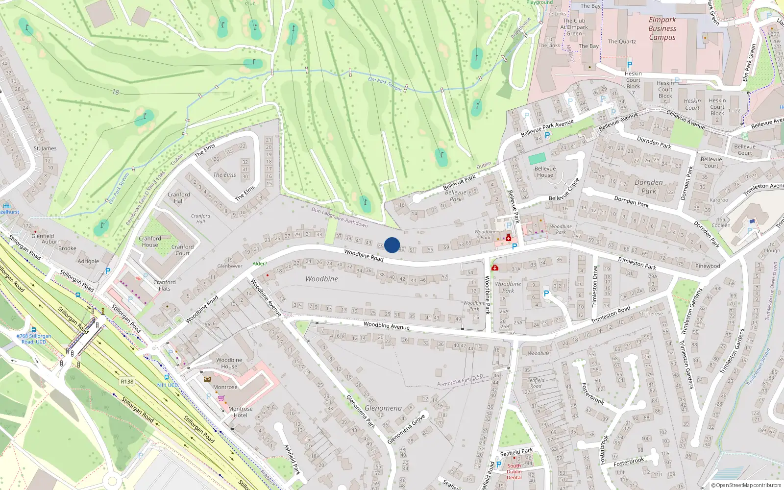 Overhead map showing the location of 47 Woodbine Road, Blackrock