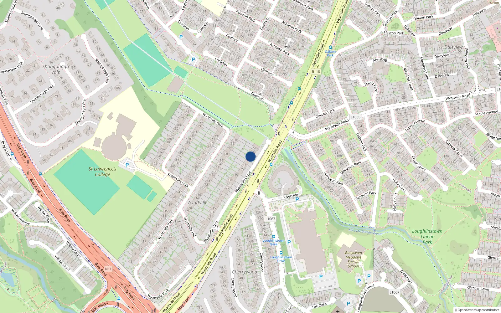 Overhead map showing the location of 47 Wyattville Close, Ballybrack, Dublin