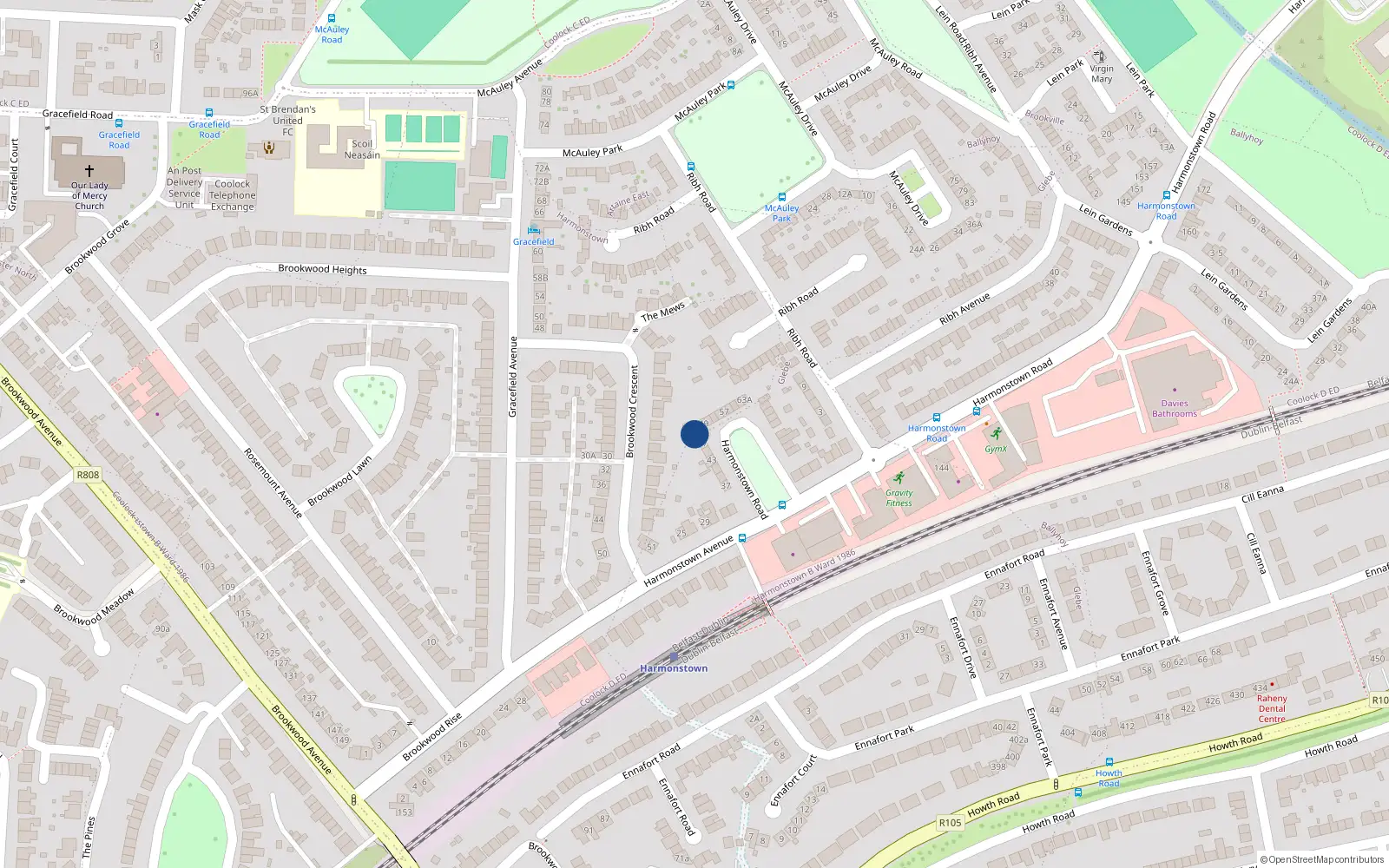 Overhead map showing the location of 47A Harmonstown Road, Dublin 5