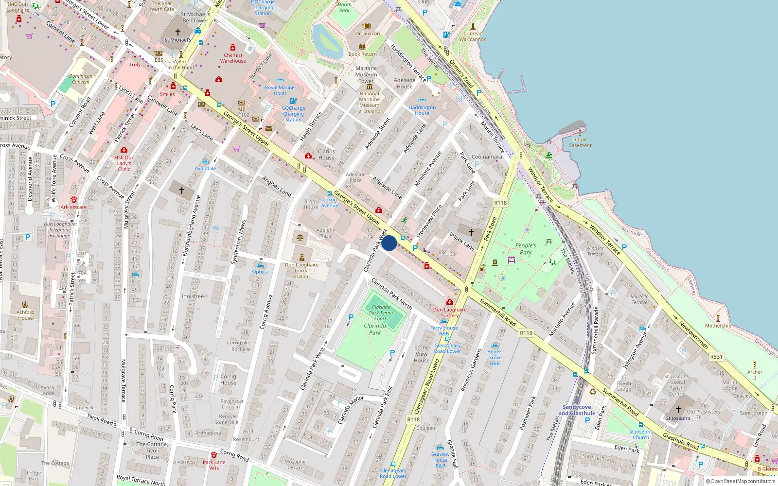Overhead map showing the location of 47A George's Street Upper, Dublin