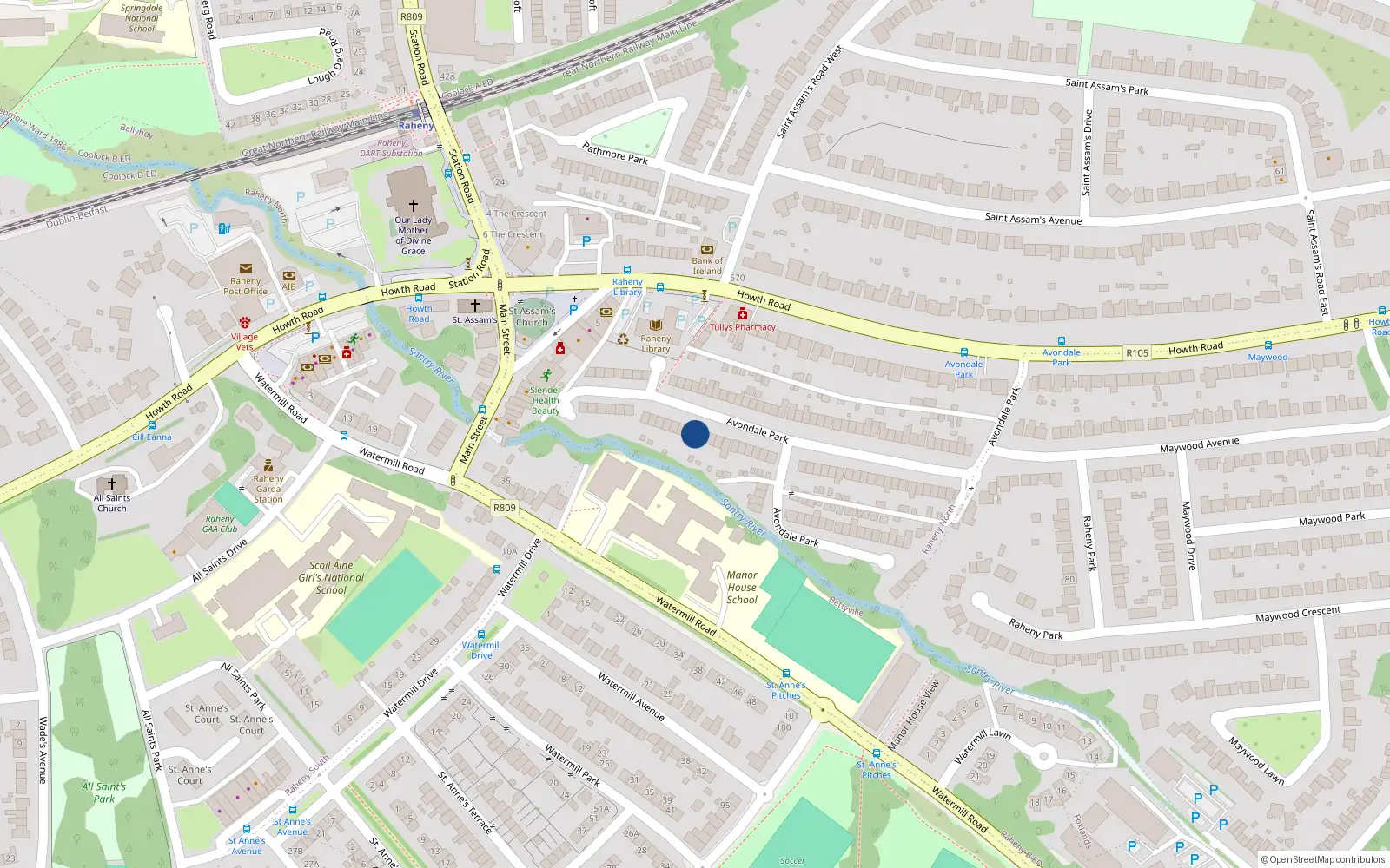 Overhead map showing the location of 48 Avondale Park, Raheny, Dublin 5