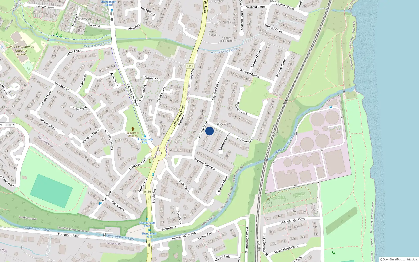 Overhead map showing the location of 48 Bayview Drive, Killiney, Dublin