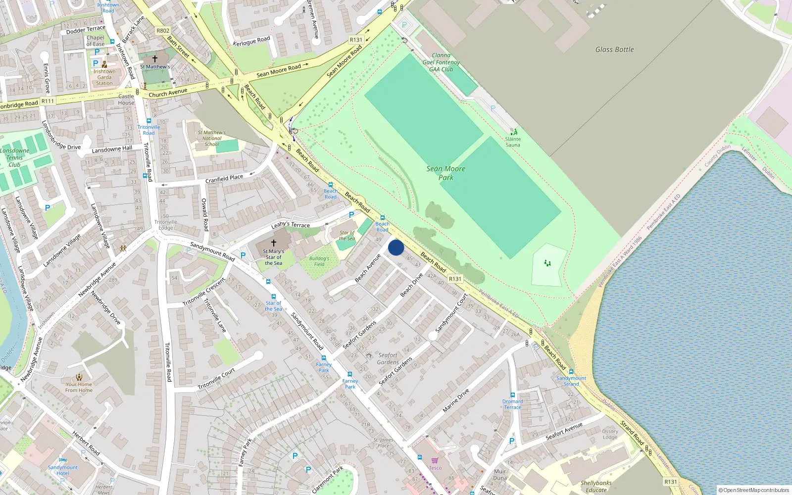 Overhead map showing the location of 48 Beach Road, Sandymount