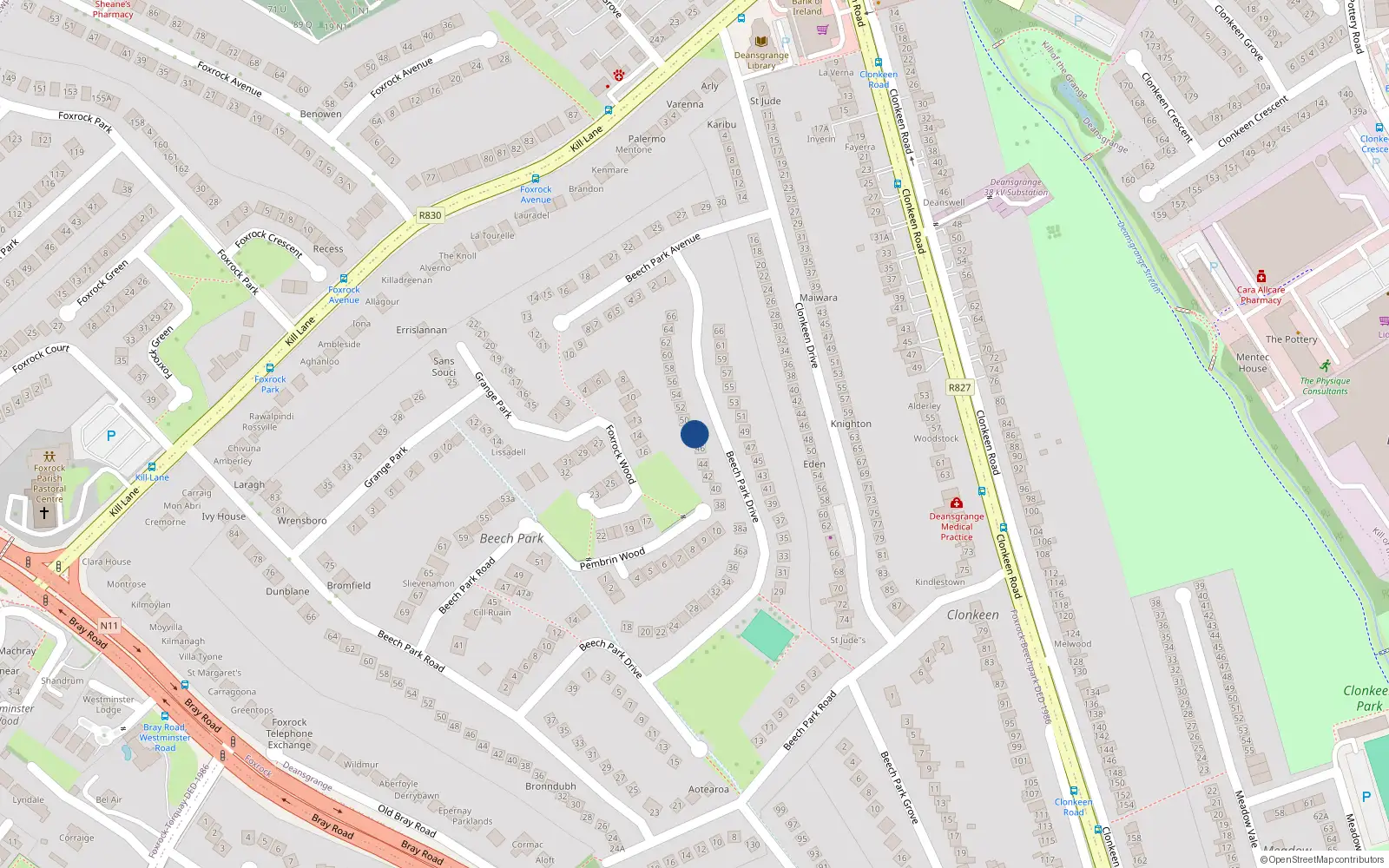 Overhead map showing the location of 48 Beech Park Drive, Dublin 18