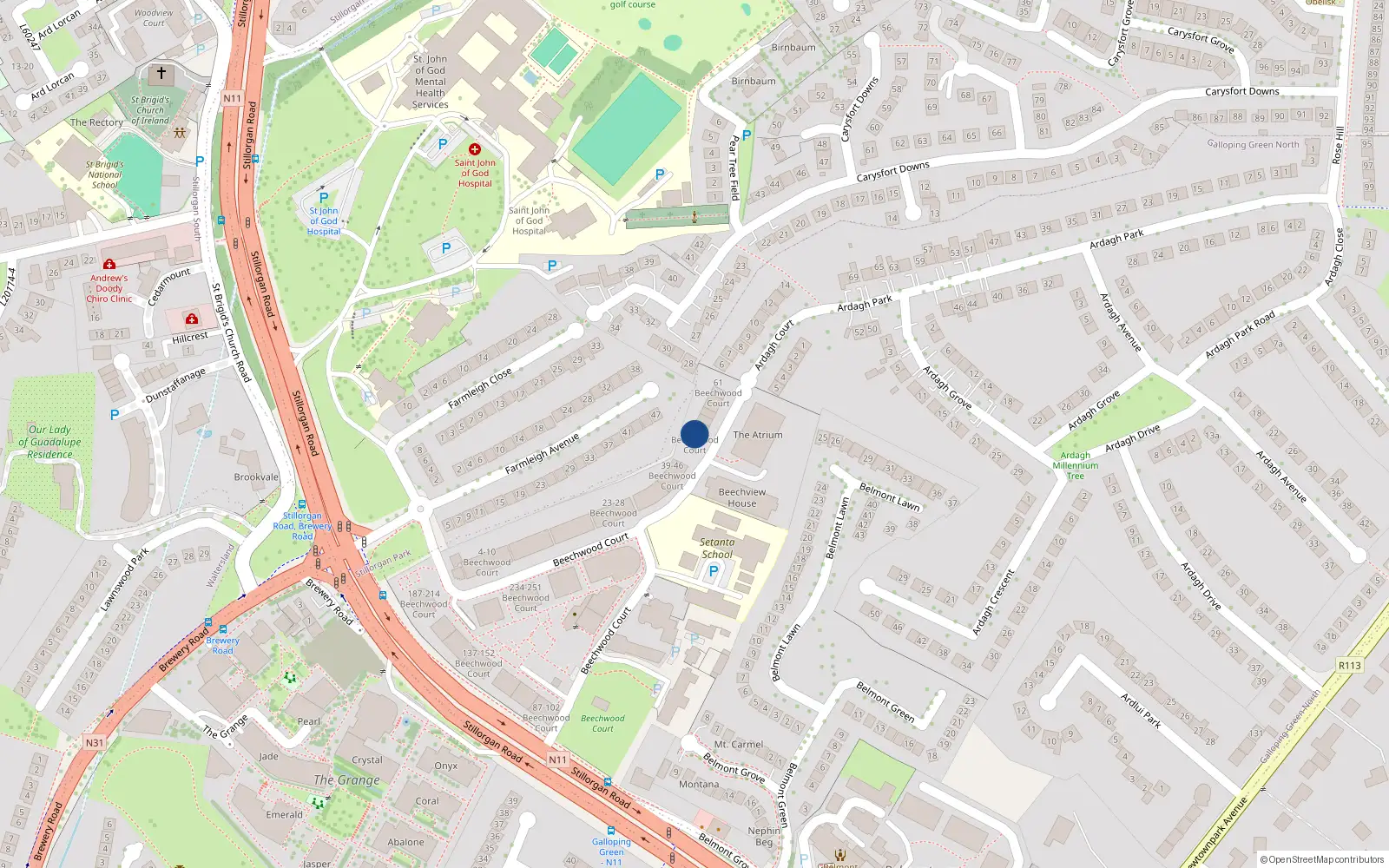 Overhead map showing the location of 48 Beechwood Court, Dublin