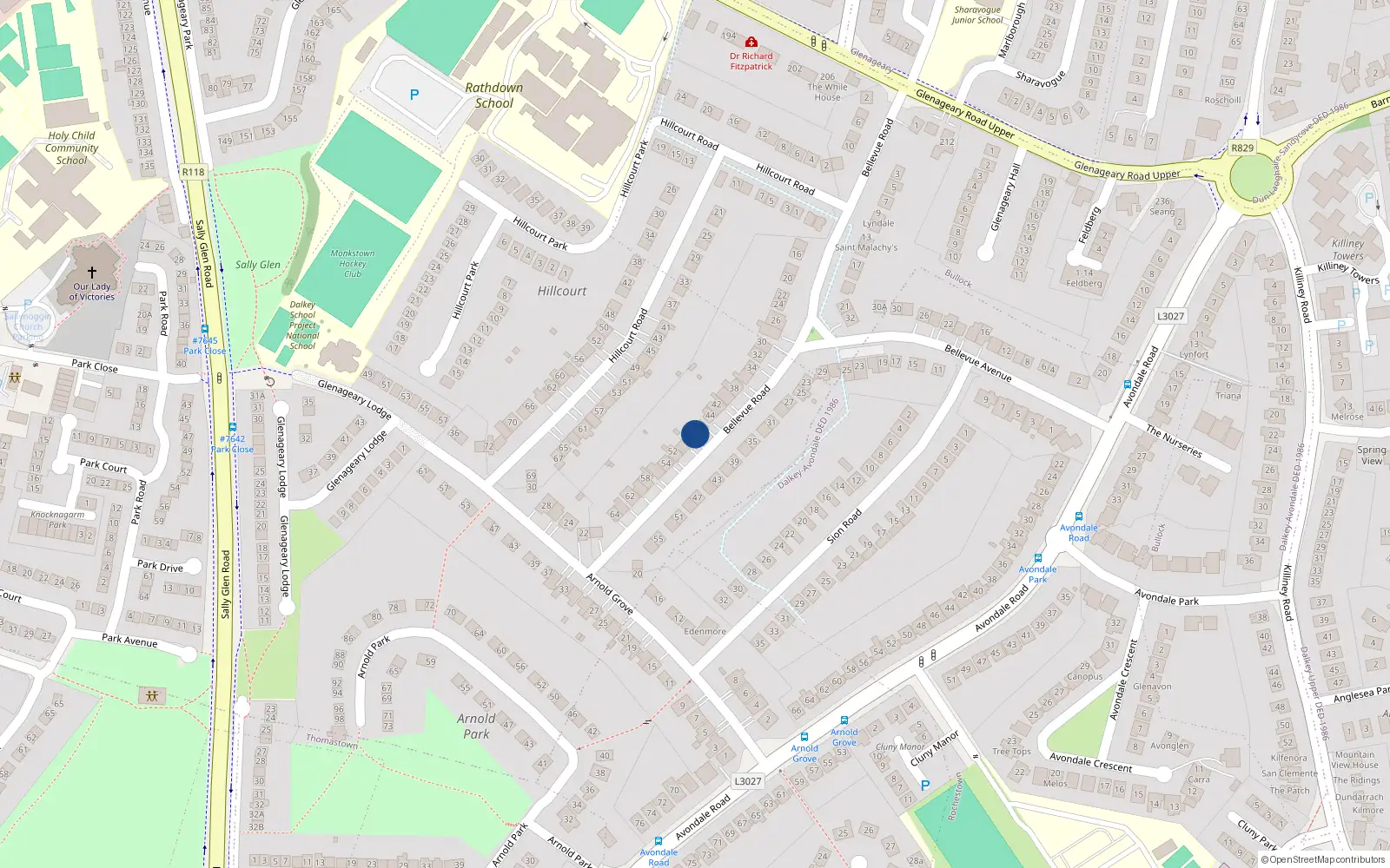 Overhead map showing the location of 48 Bellevue Road, Dublin