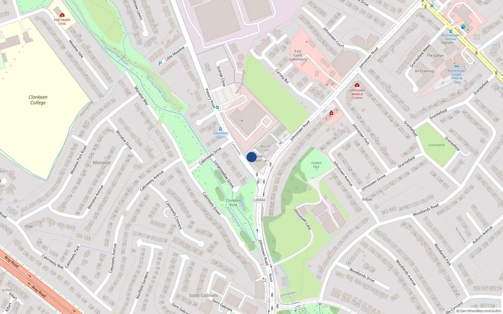 Overhead map showing the location of 48 Belville Court, Johnstown Road, Cabinteely