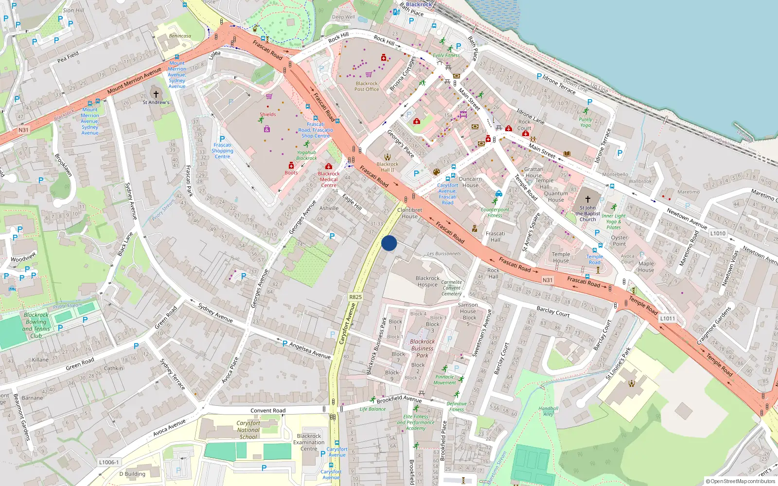 Overhead map showing the location of 48 Carysfort Avenue, Blackrock, Dublin