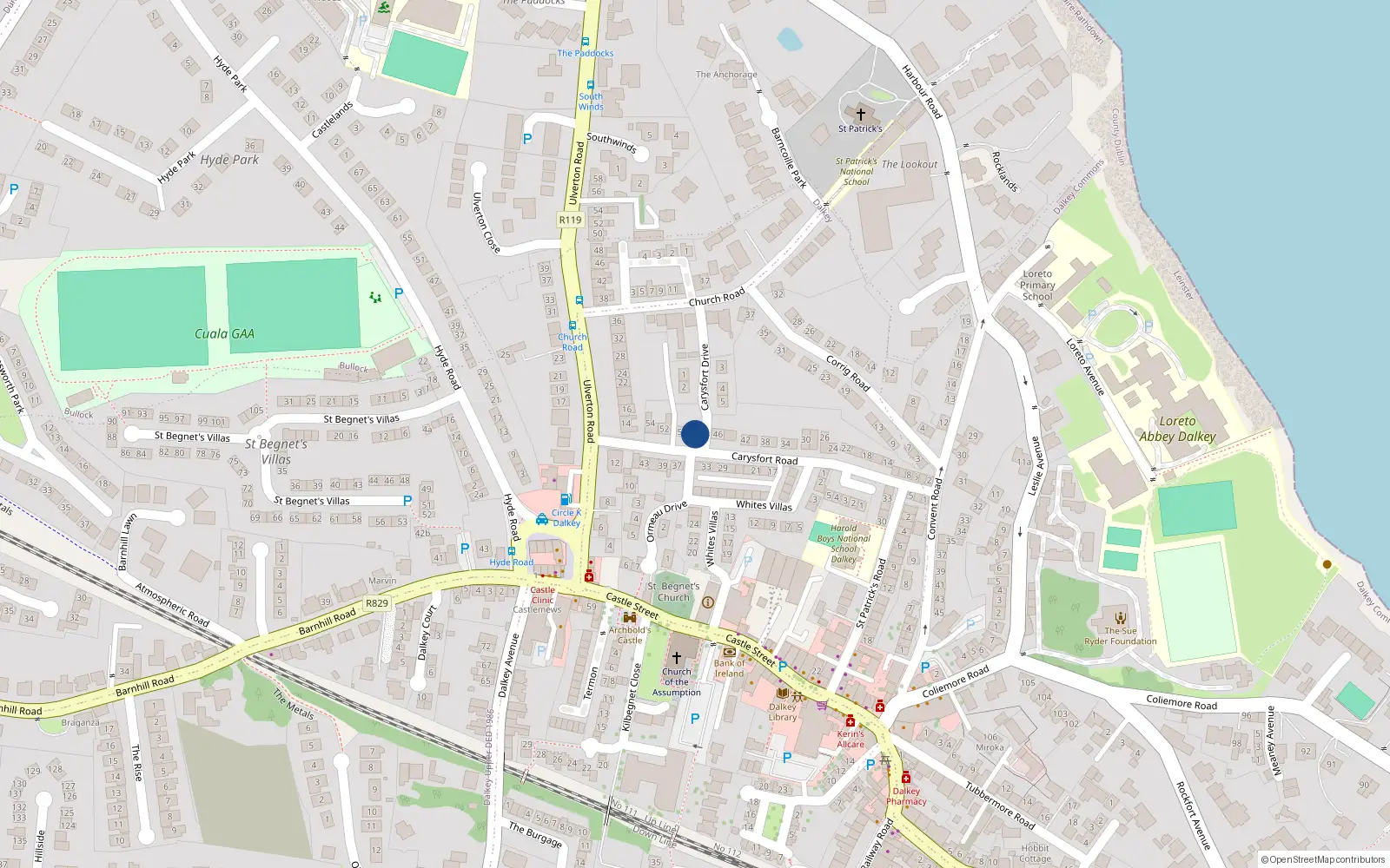 Overhead map showing the location of 48 Carysfort Road, Dalkey