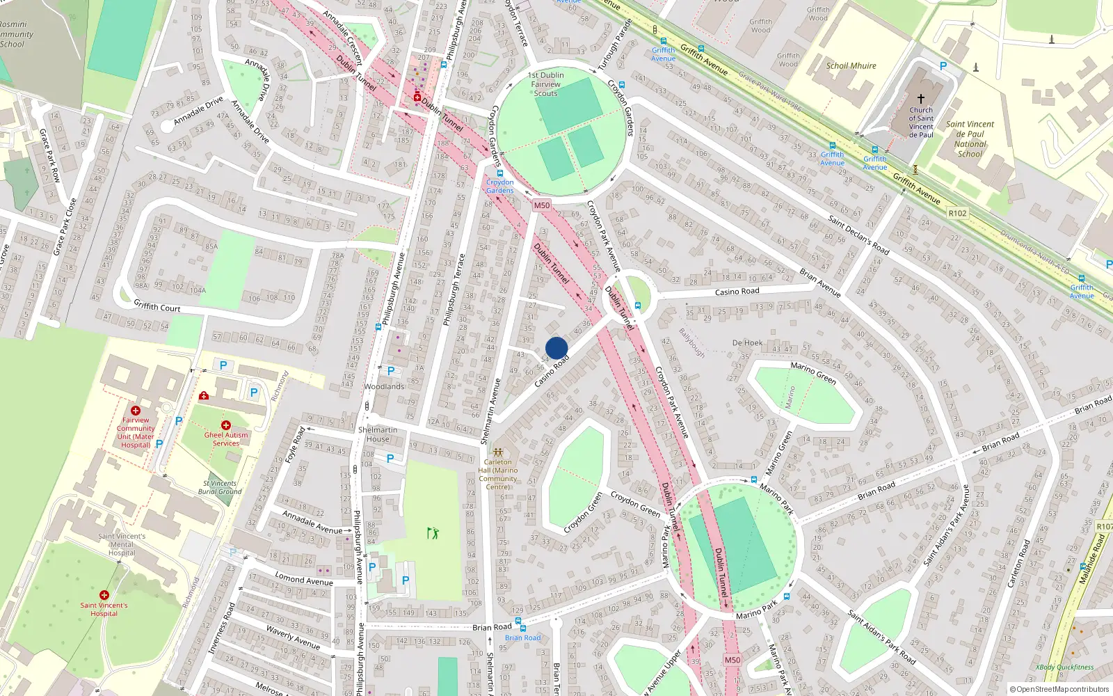 Overhead map showing the location of 48 Casino Road, Marino, Dublin 3