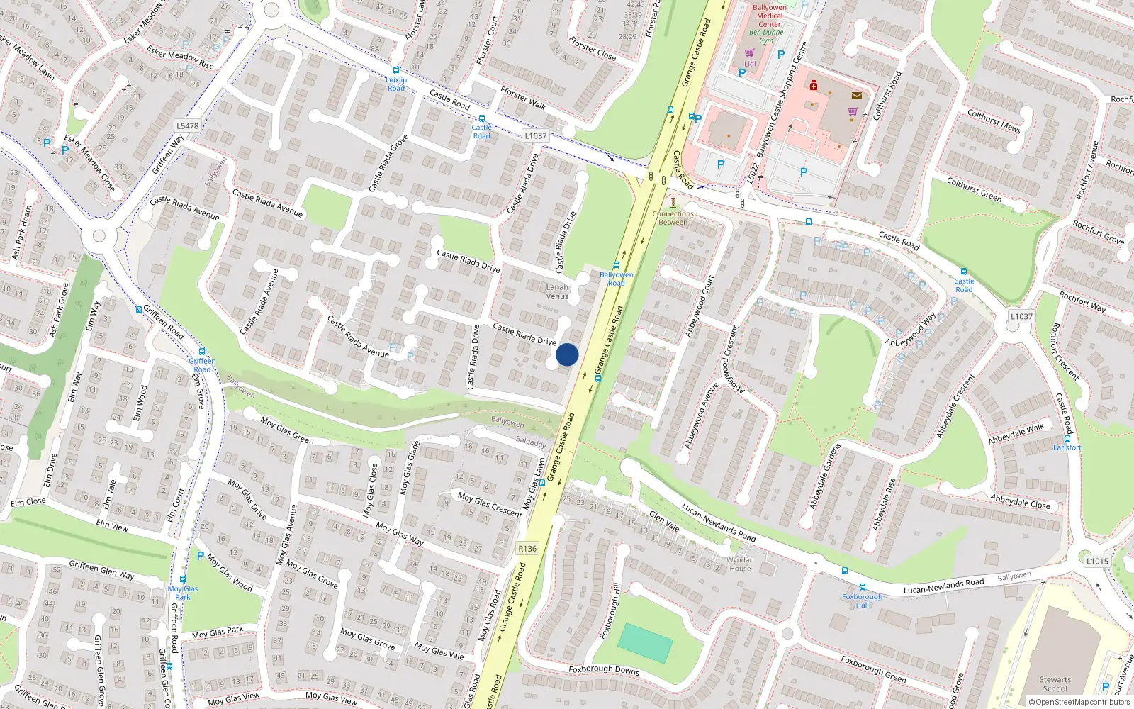 Overhead map showing the location of 48 Castle Riada Drive, Lucan