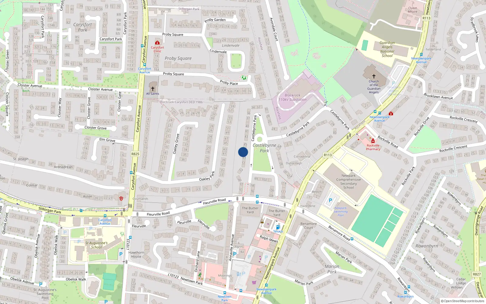 Overhead map showing the location of 48 Castlebyrne Park, Blackrock, Co Dublin