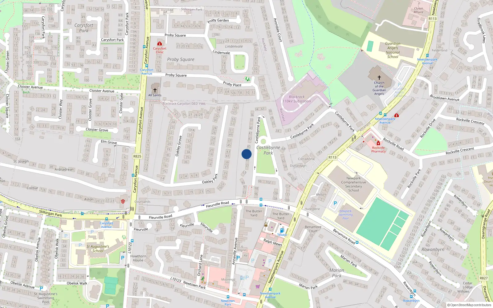 Overhead map showing the location of 48 Castlebyrne Park, Blackrock