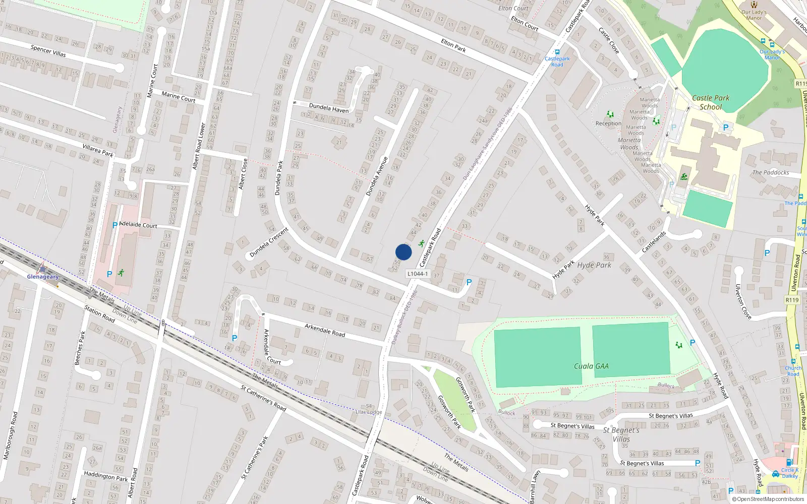 Overhead map showing the location of 48 Castlepark Road, Sandycove, Dun Laoghaire