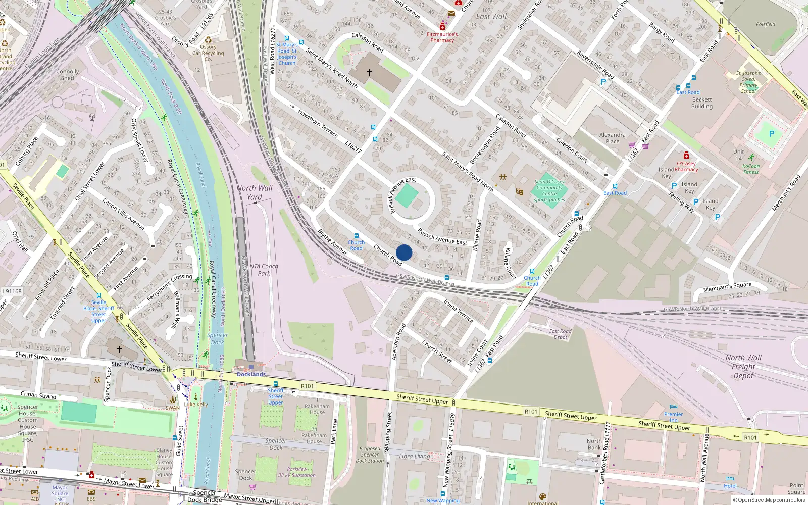 Overhead map showing the location of 48 Church Road, East Wall, Dublin 3