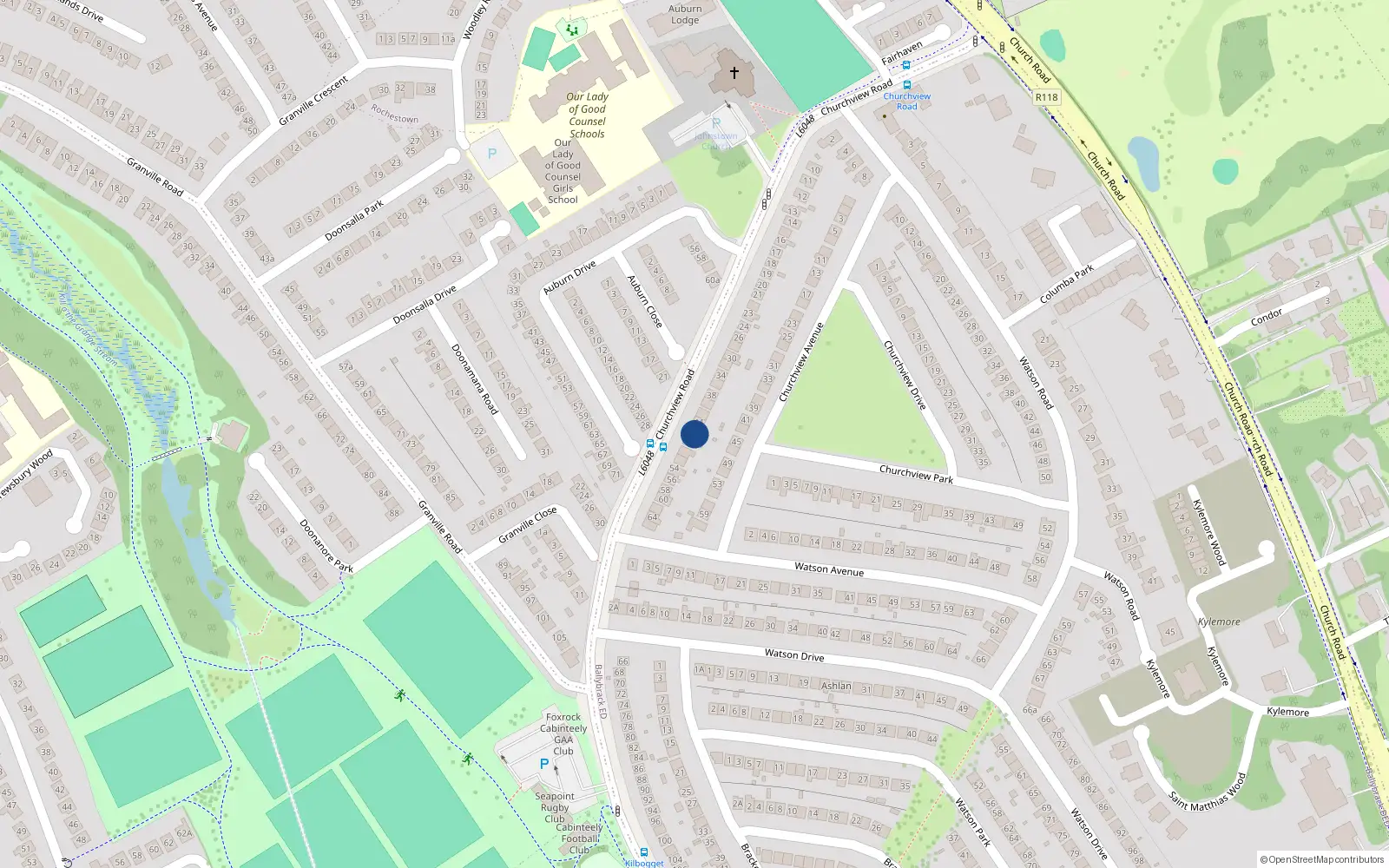 Overhead map showing the location of 48 Churchview Road, Co Dublin