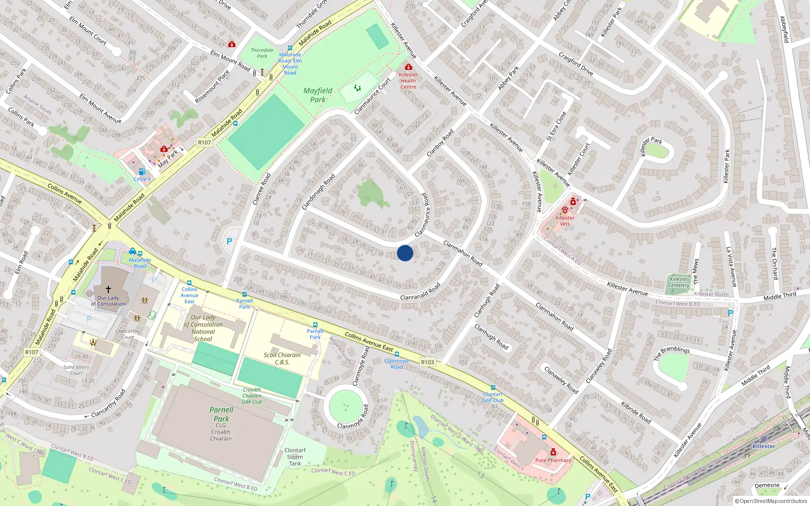 Overhead map showing the location of 48 Clanmaurice Road, Donnycarney, Dublin 5