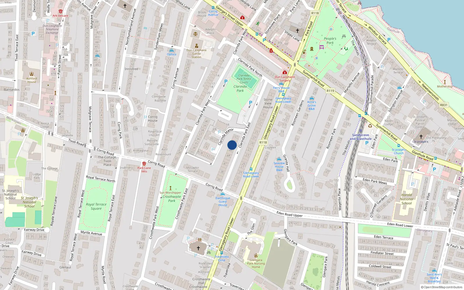 Overhead map showing the location of 48 Clarinda Park East, Dun Laoghaire, Co Dublin