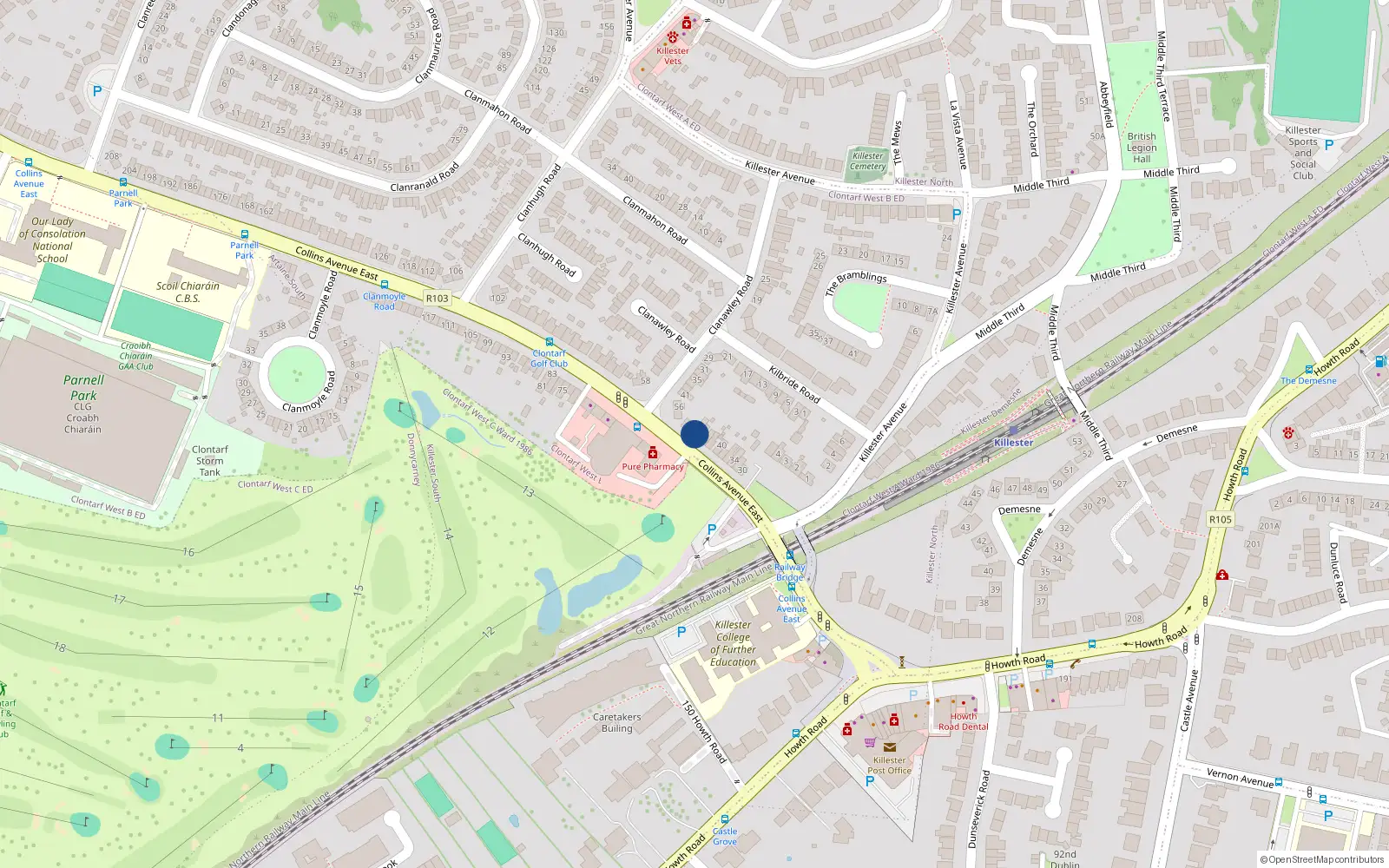 Overhead map showing the location of 48 Collins Avenue East, Dublin 5, Dublin