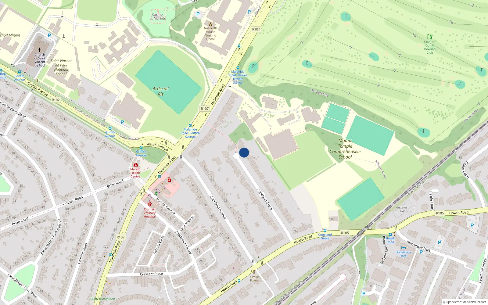 Overhead map showing the location of 48 Copeland Grove, Clontarf, Dublin