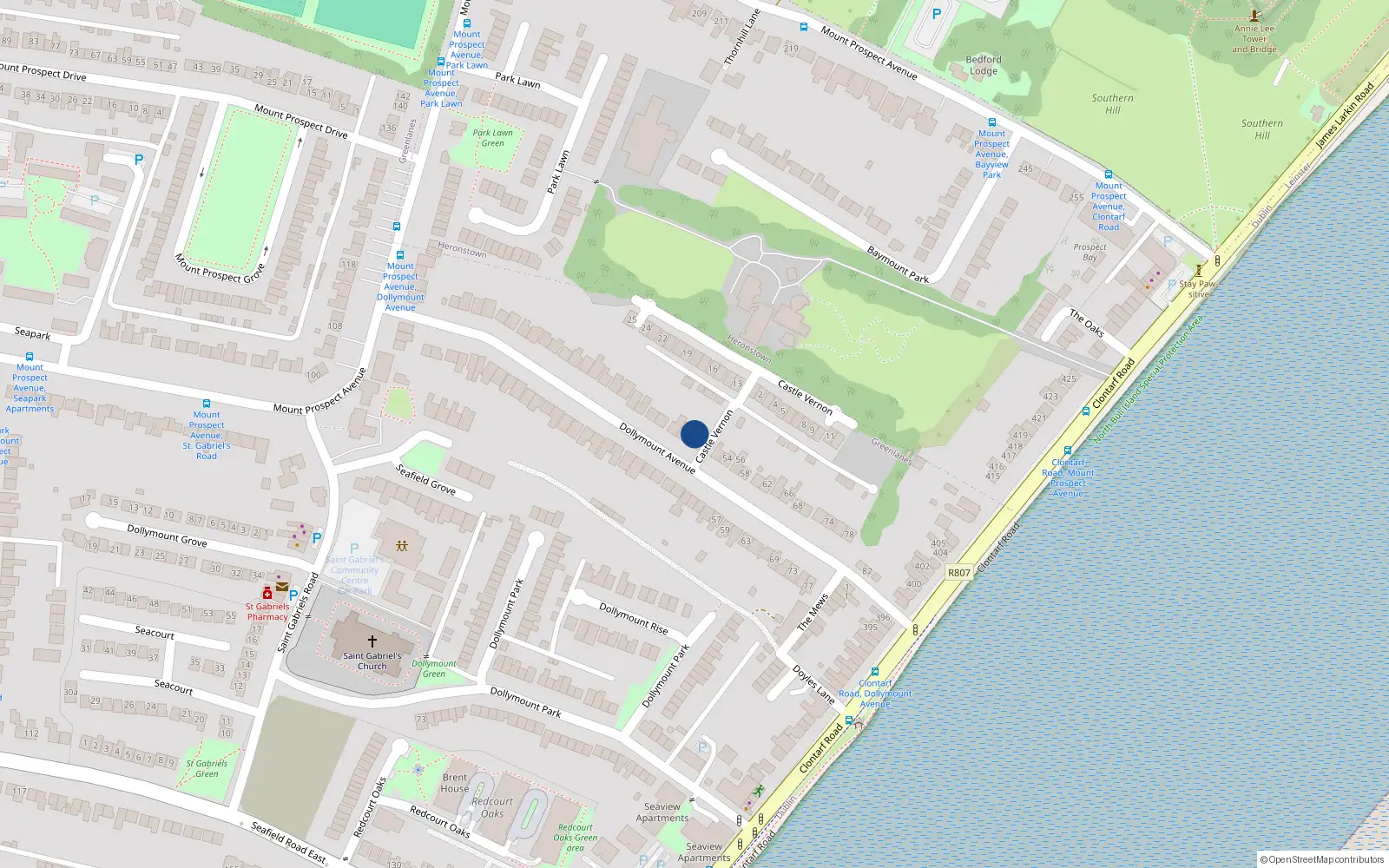 Overhead map showing the location of 48 Dollymount Avenue, Dublin 3