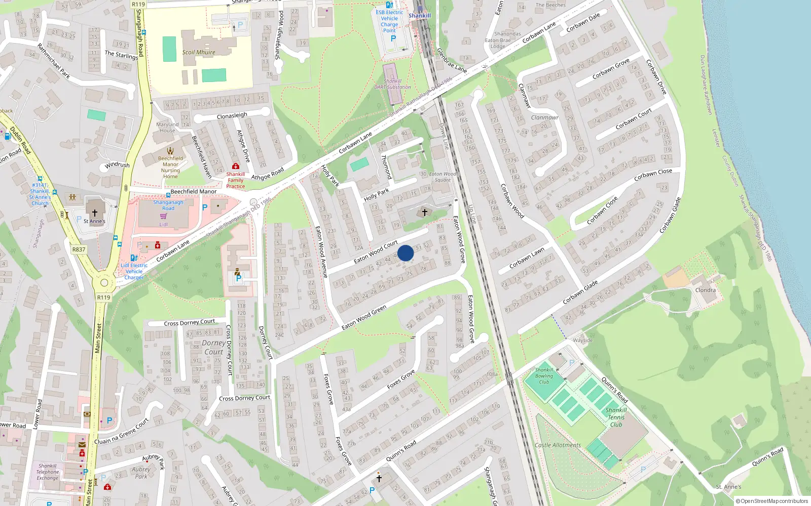 Overhead map showing the location of 48 Eaton Wood Court, Shankill
