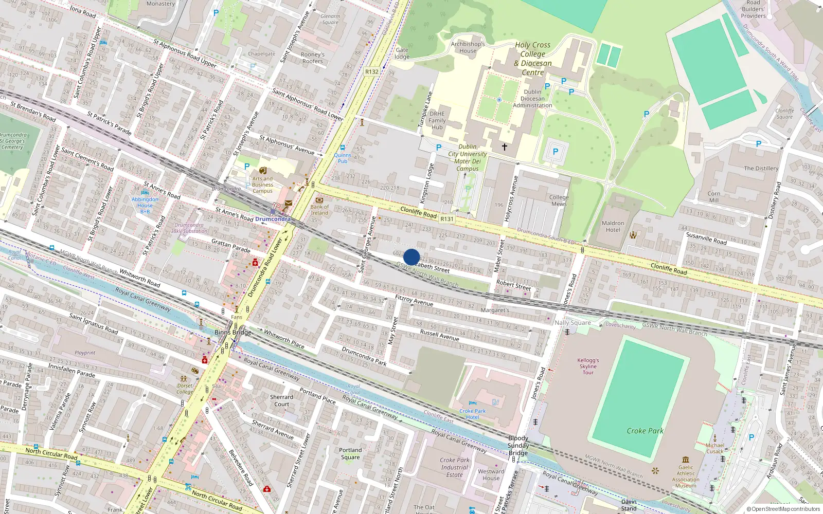 Overhead map showing the location of 48 Elizabeth Street, Dublin 3