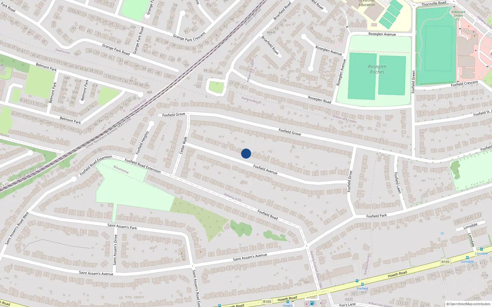 Overhead map showing the location of 48 Foxfield Avenue, Raheny, Dublin 5