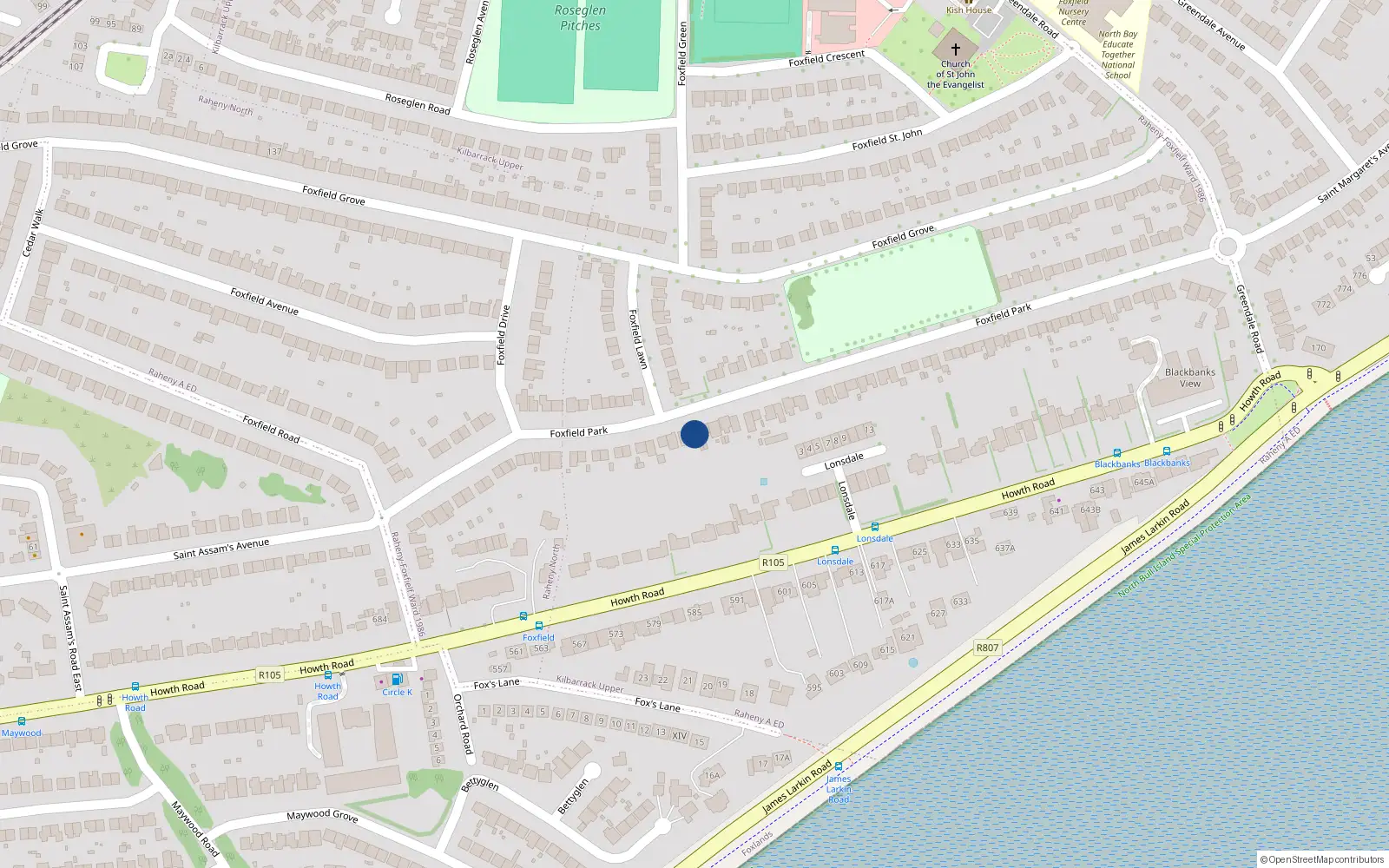 Overhead map showing the location of 48 Foxfield Park, Dublin 5