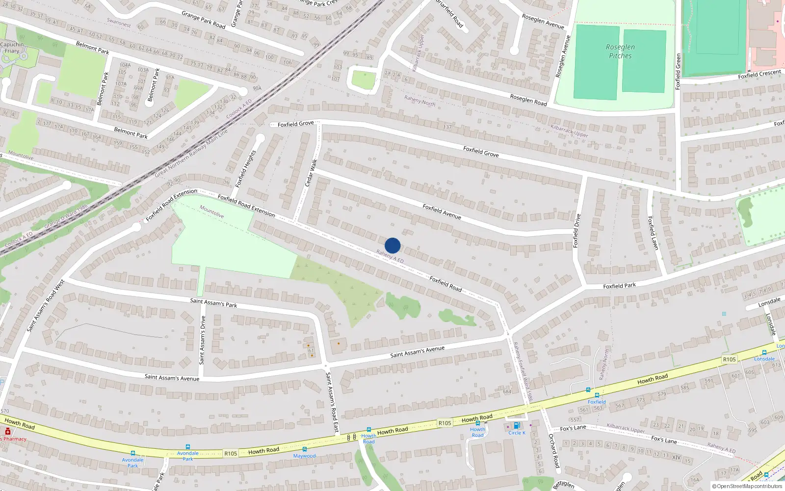 Overhead map showing the location of 48 Foxfield Road, Dublin 5