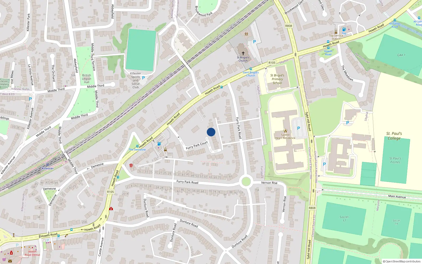 Overhead map showing the location of 48 Furry Park Court, Dublin 5