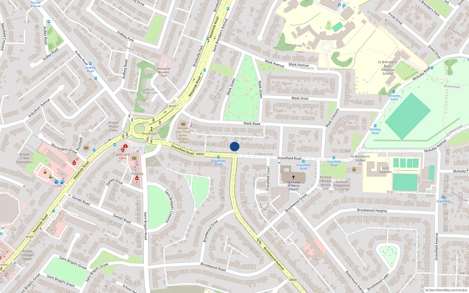 Overhead map showing the location of 48 Gracefield Road, Artane, Dublin 5